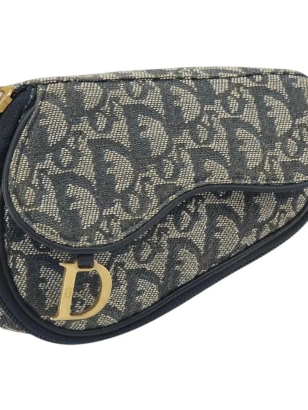 Christian Dior Trotter Canvas Saddle Pouch Navy Gold Auth 170701